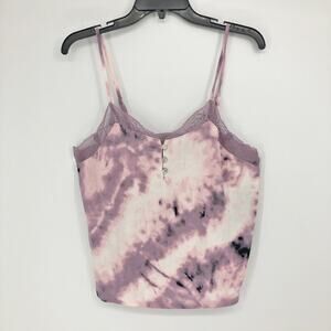 MIDNIGHT BAKERY Lace Trim Cami Medium Pink/Purple Tie Dye Satin V-Neck Top NWT